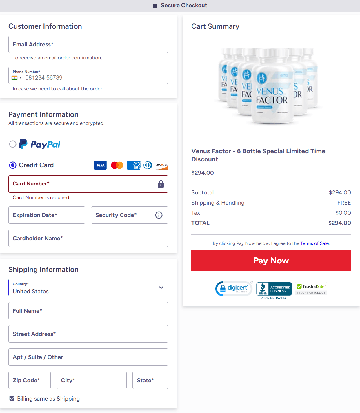 Venus Factor-Secure Checkout Page